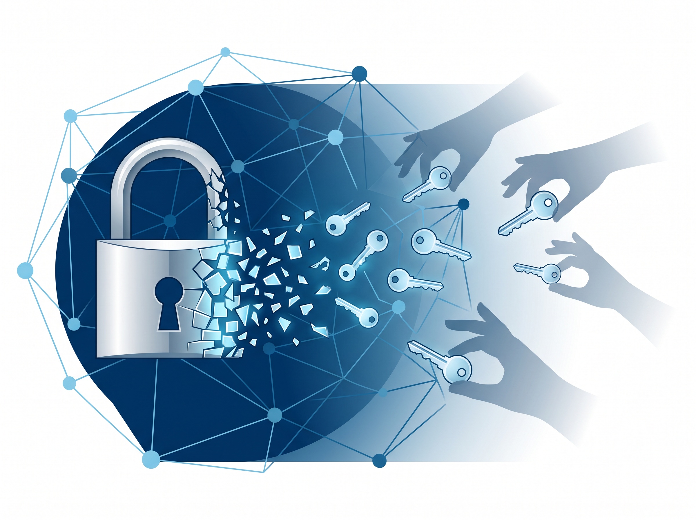 A padlock dissolving into keys being quietly copied away, representing stolen encryption keys