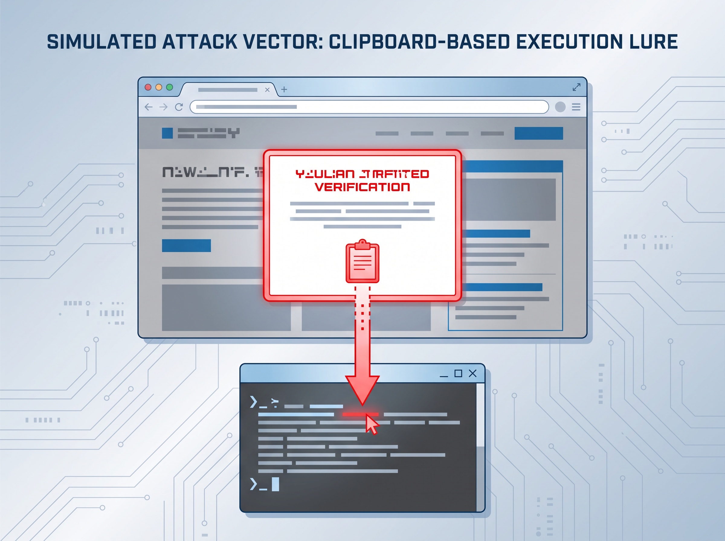 A fake web pop-up leading a clipboard copy-paste into a command terminal, representing a ClickFix-style lure