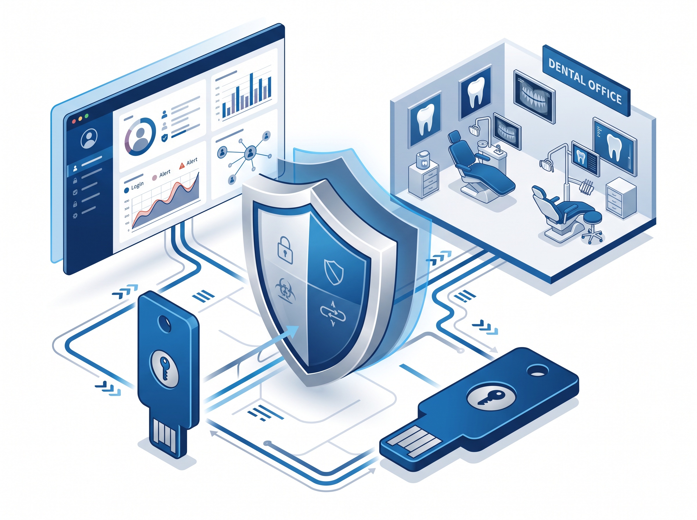 Layered defenses: a passkey, a browser-control shield, and identity monitoring protecting a dental office network