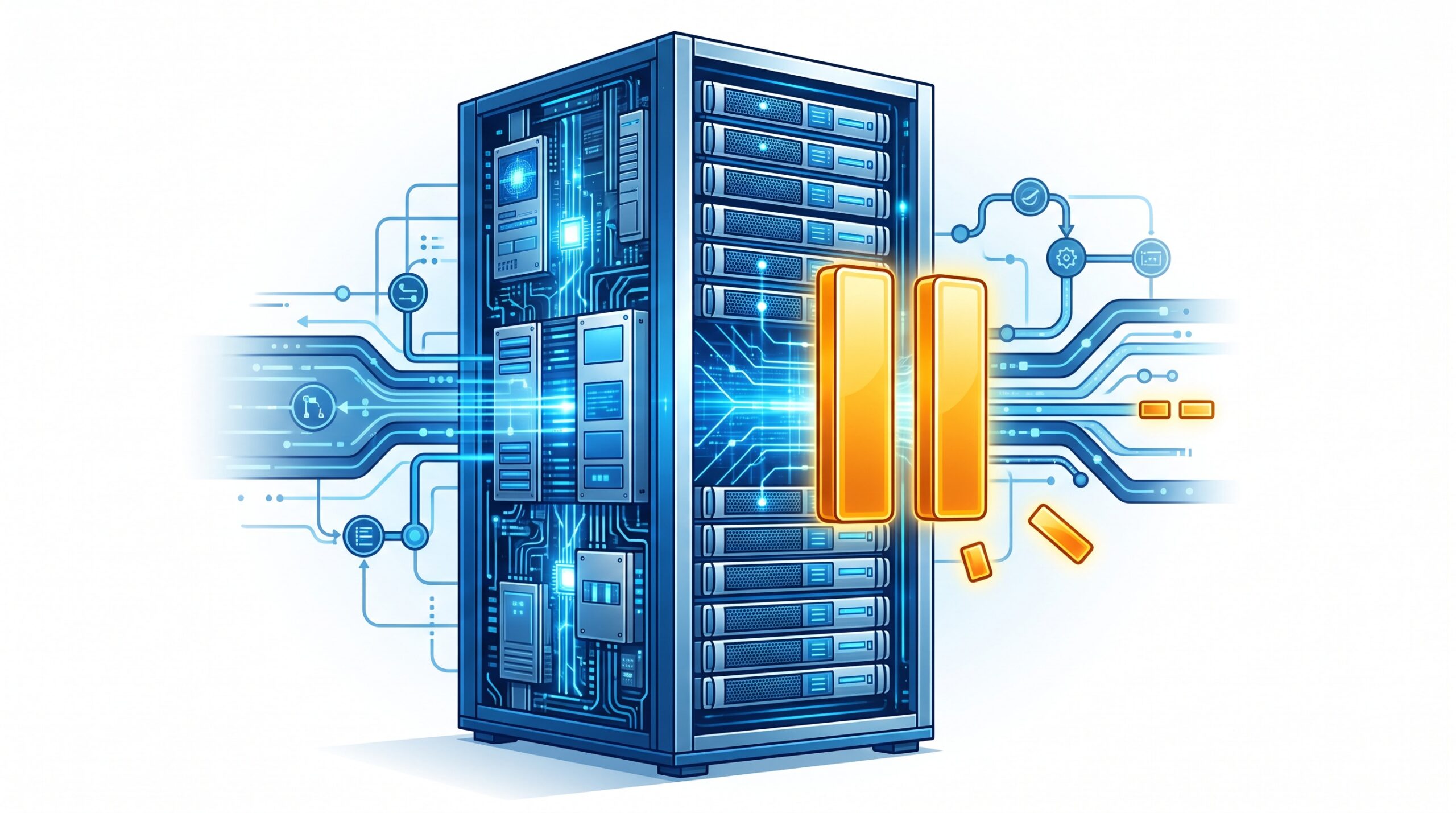 A large blue medical-software server with an amber pause symbol in front of it, representing a development freeze to fix security