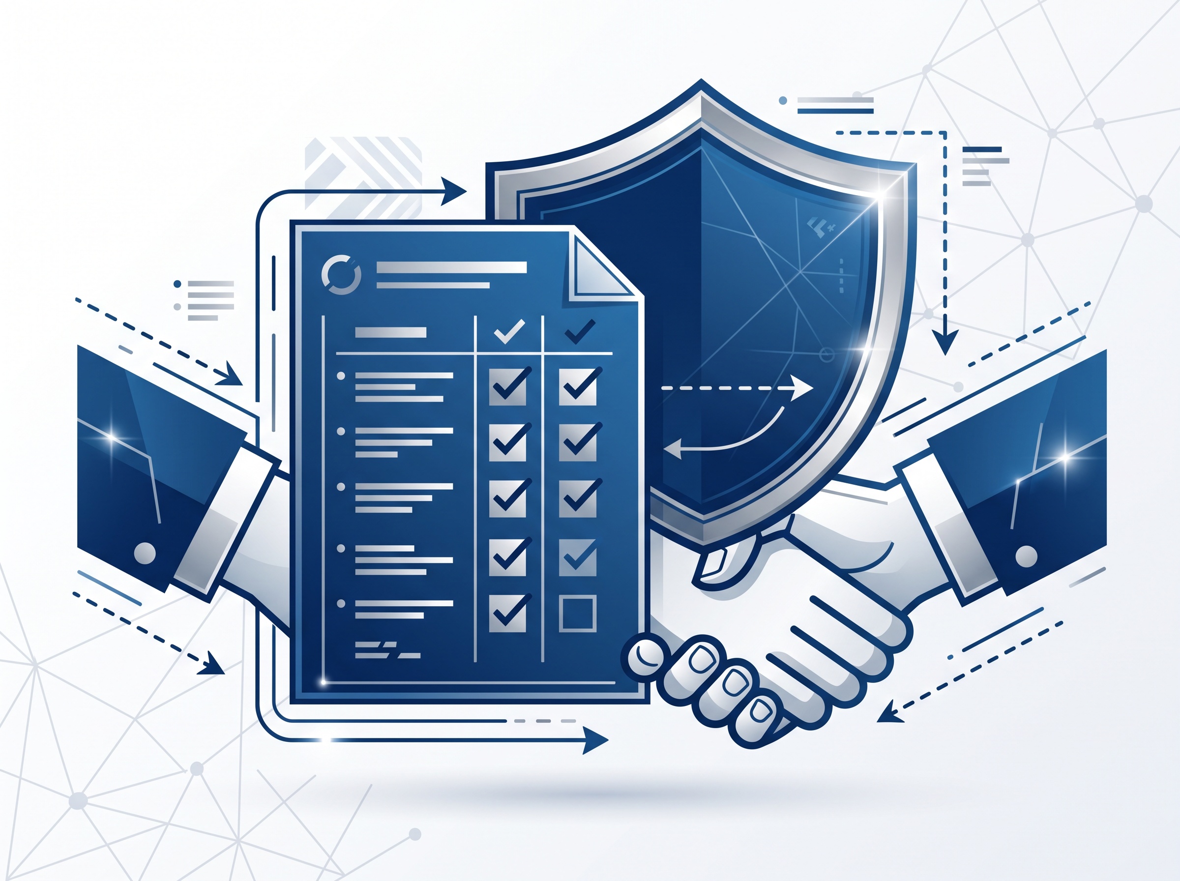 A blue checklist in front of a shield and handshake, representing vendor security due diligence