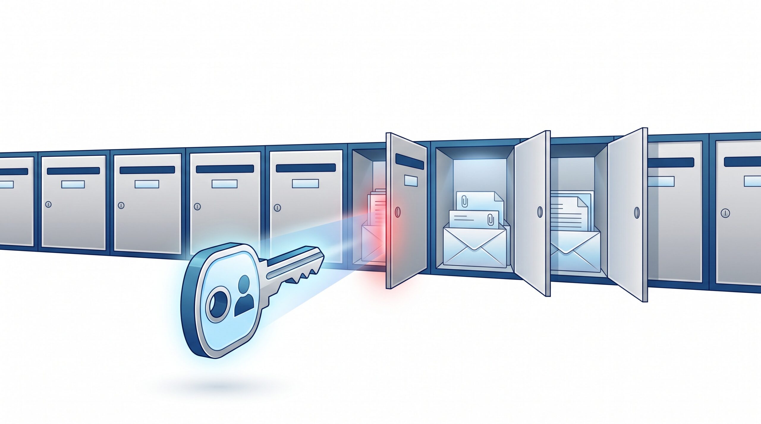 One account key unlocking a whole row of office mailboxes, with letters and attachments spilling out