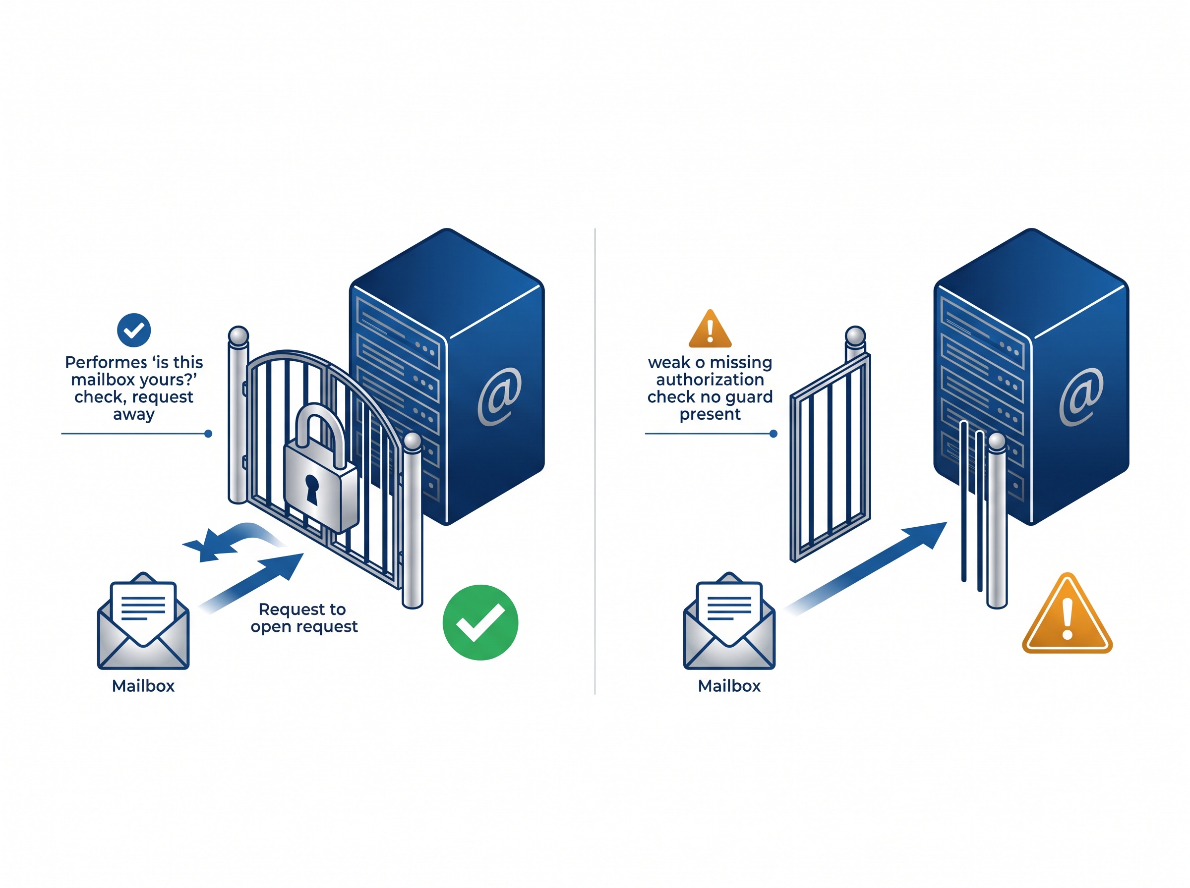 Two mailbox-open requests: one stopped by an ownership check, the other passed through because the check is weak