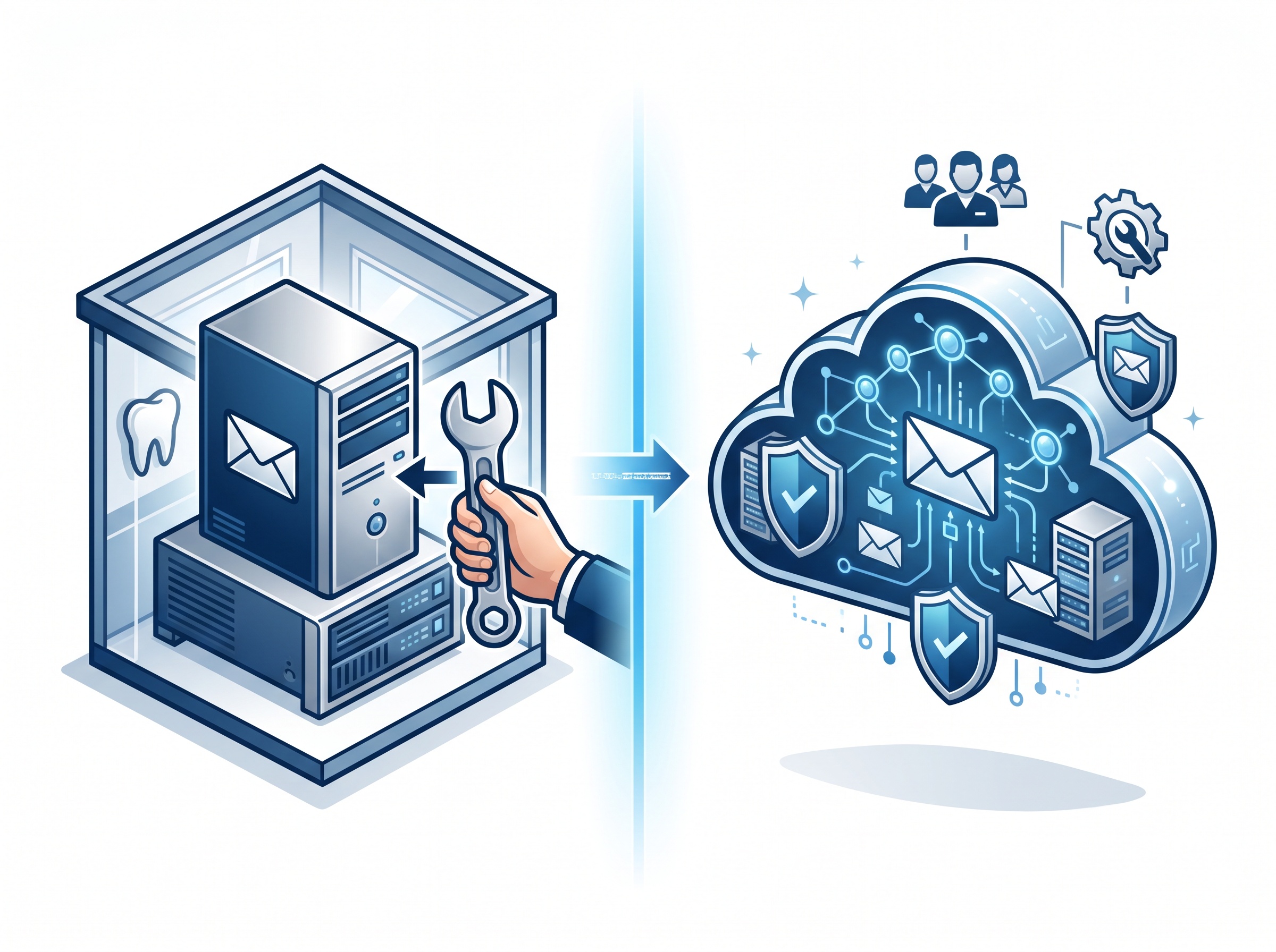 On-premises email server inside a dental office versus cloud-hosted email maintained by a provider