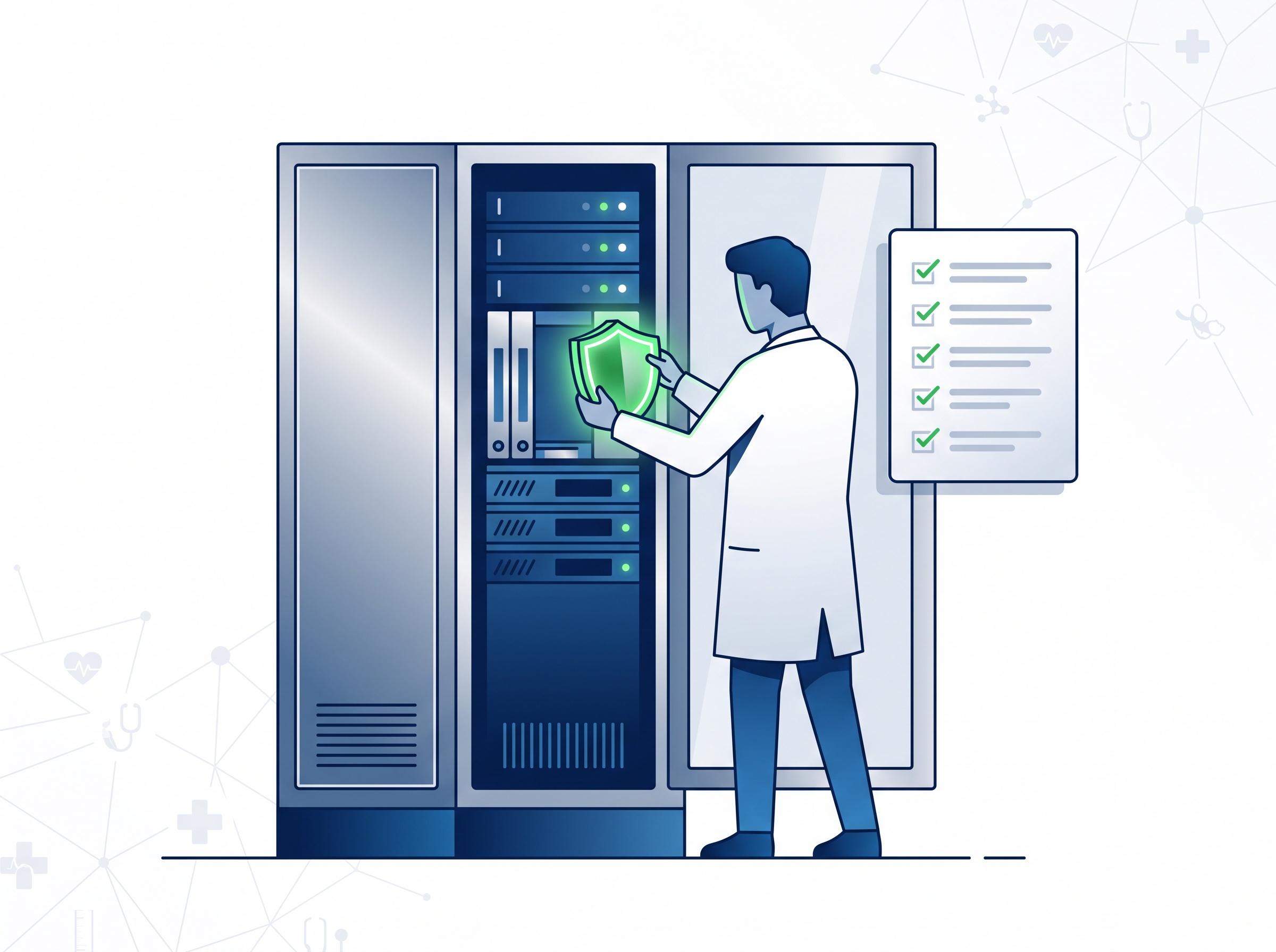 A technician applying a shield-shaped security patch to an email server with a completed checklist alongside