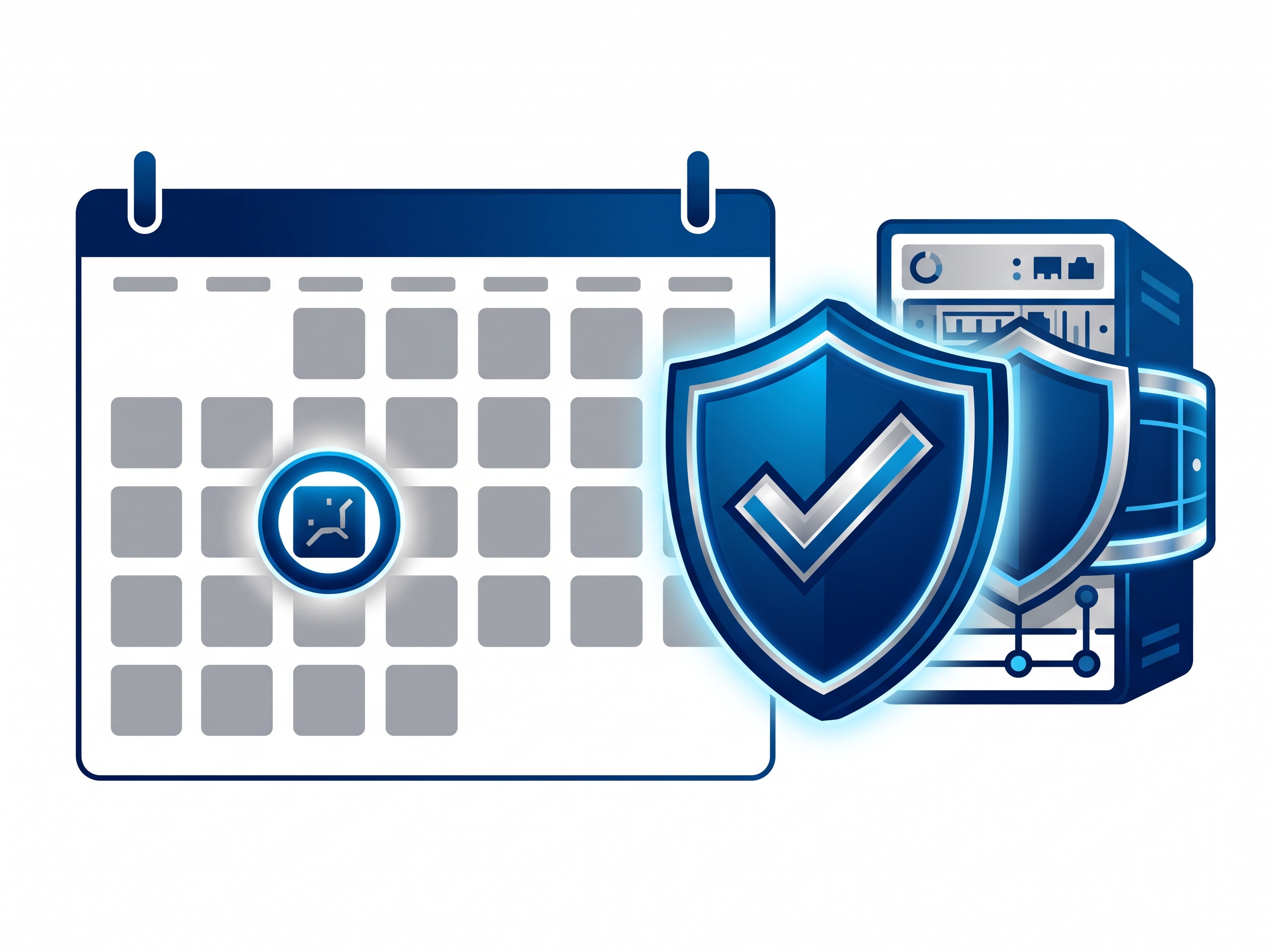 A highlighted near-term deadline on a calendar beside a patched gateway appliance with a shield and checkmark