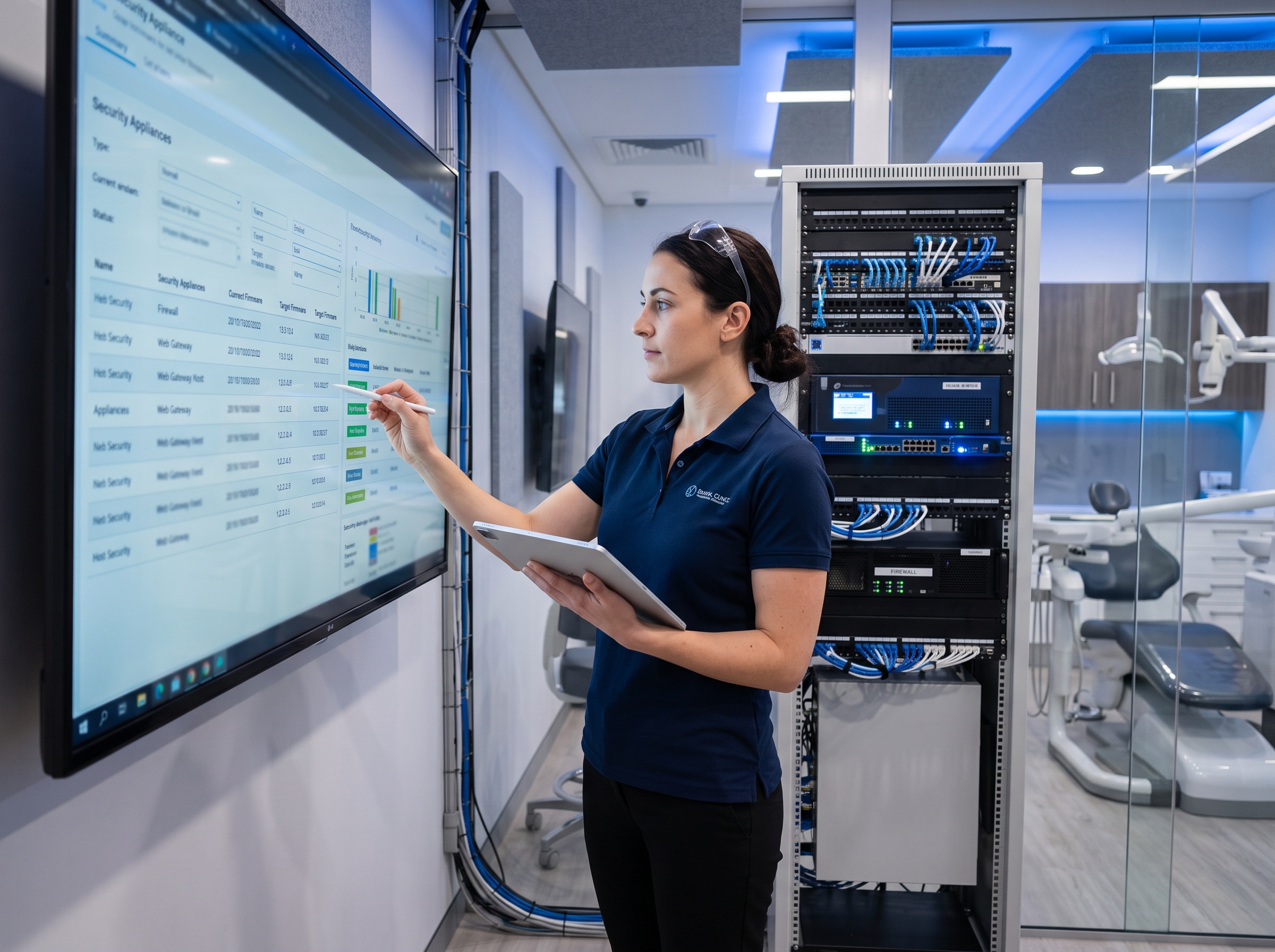 IT technician reviewing an inventory of internet-facing security appliances and firmware versions in a dental practice