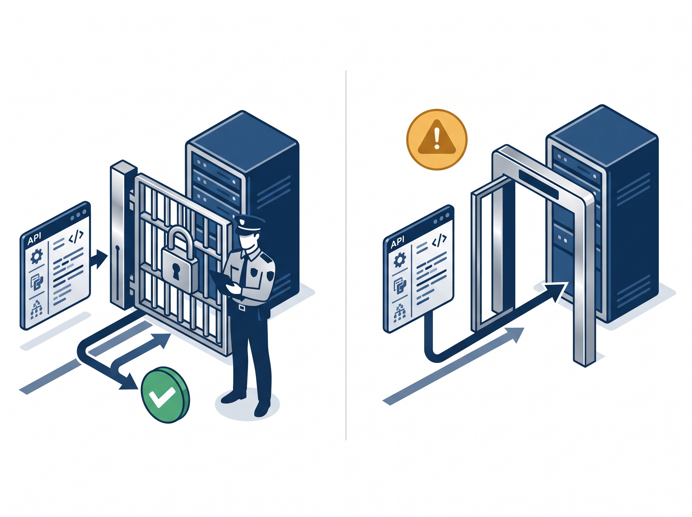 Two API requests: one stopped by an ownership check, the other passed through because the check is missing
