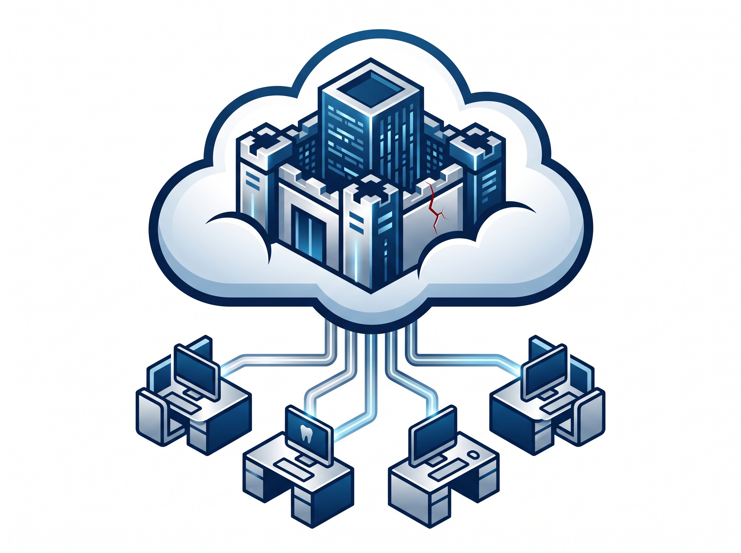 A cloud-hosted dental application linked to several dental offices, with a hidden crack in the vendor's side of the system