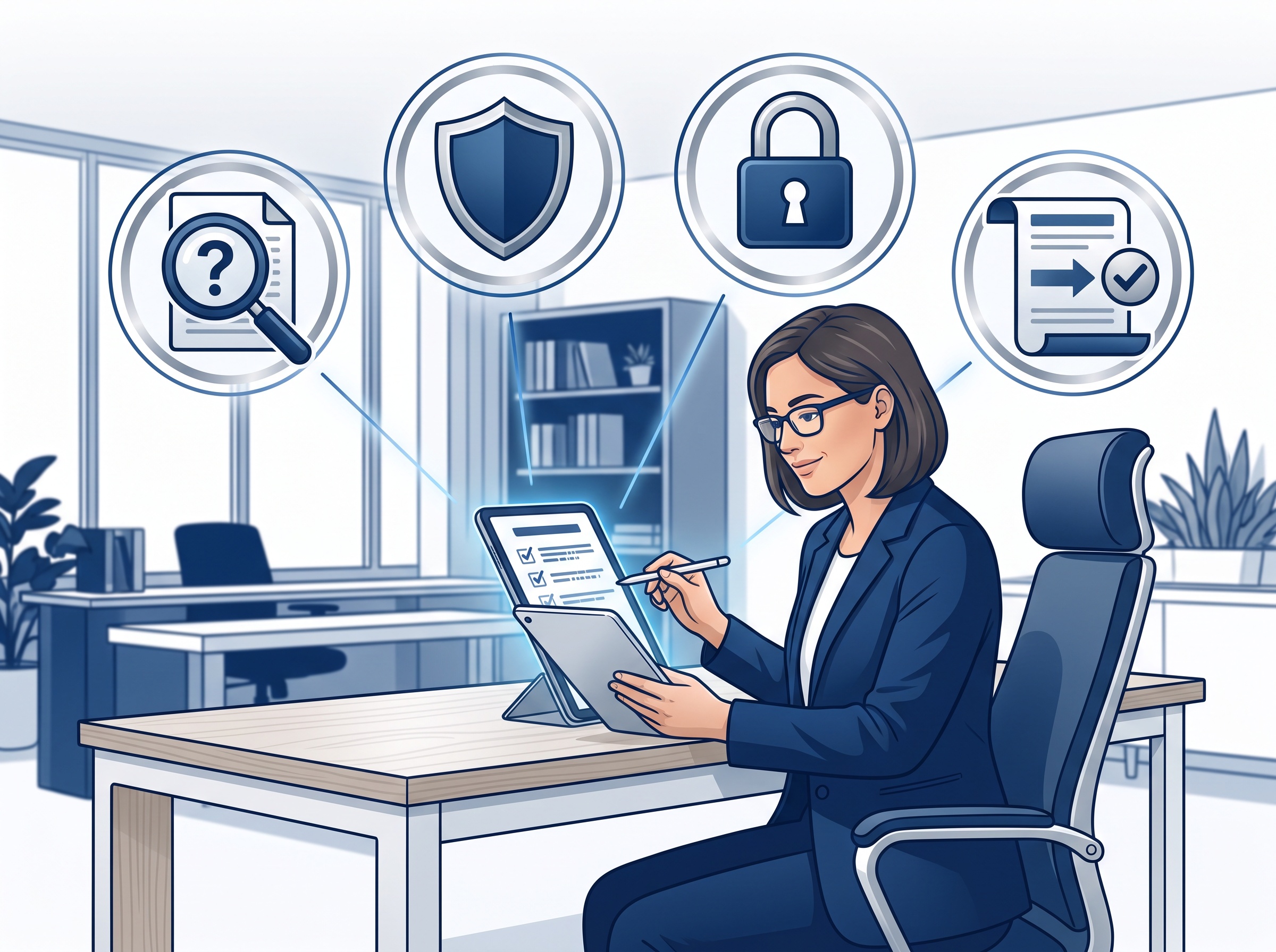 A dental practice manager reviewing a vendor security checklist with icons for audits, shields, and reports
