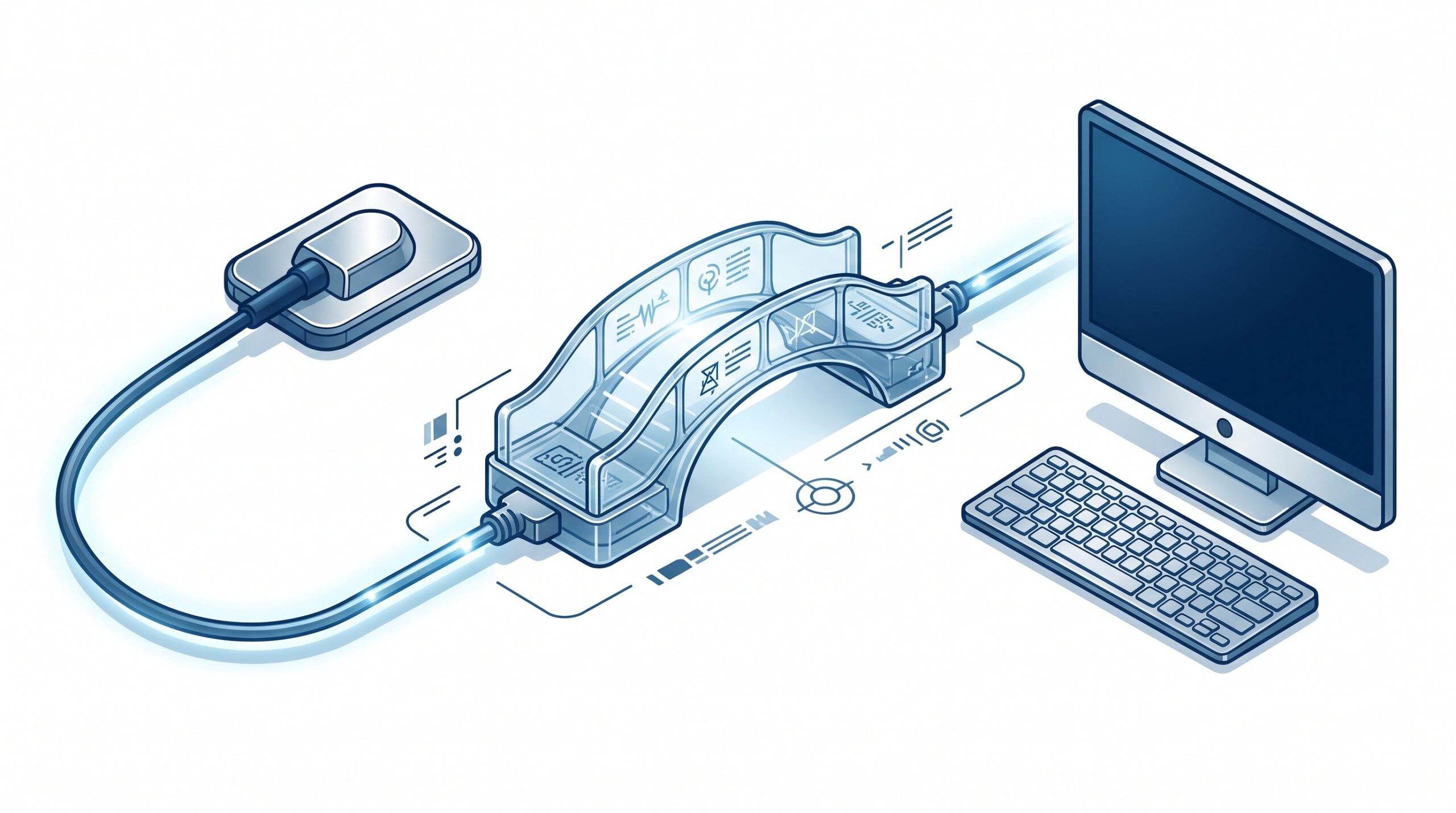 An X-ray sensor and a practice computer connected through a small fragile glass bridge in the middle of the cable