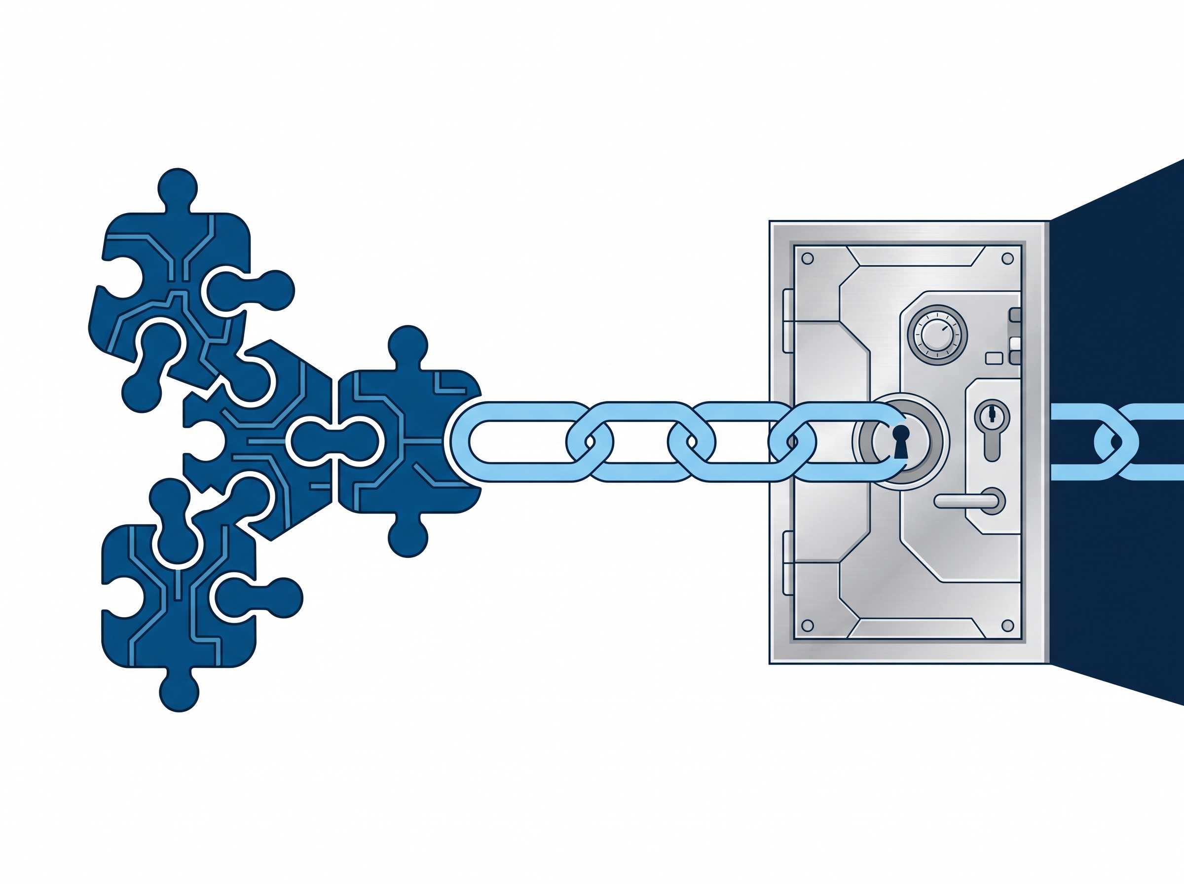 Three blue links joining into one chain that passes through a locked silver door, representing three chained vulnerabilities