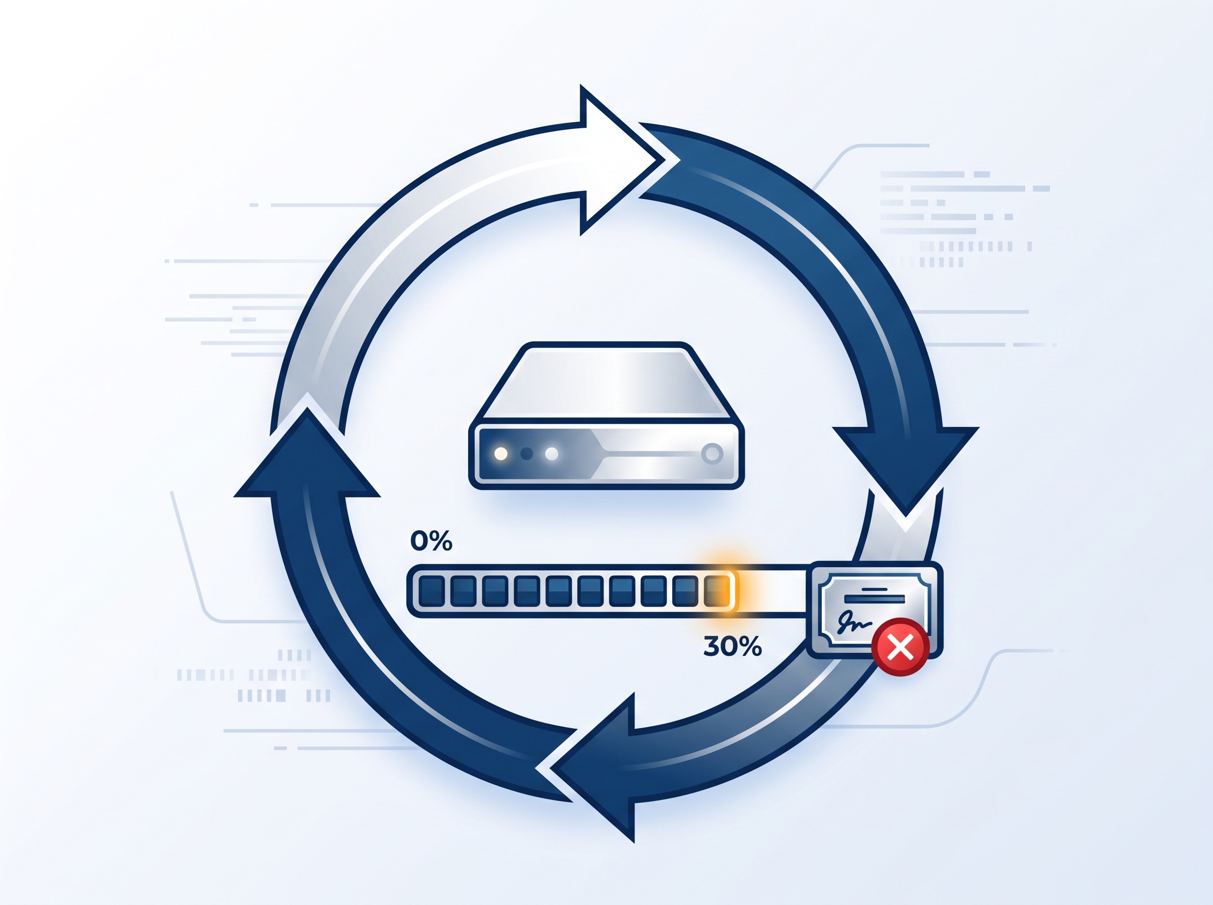 A server stuck in a restart loop with a failed digital-signature certificate icon