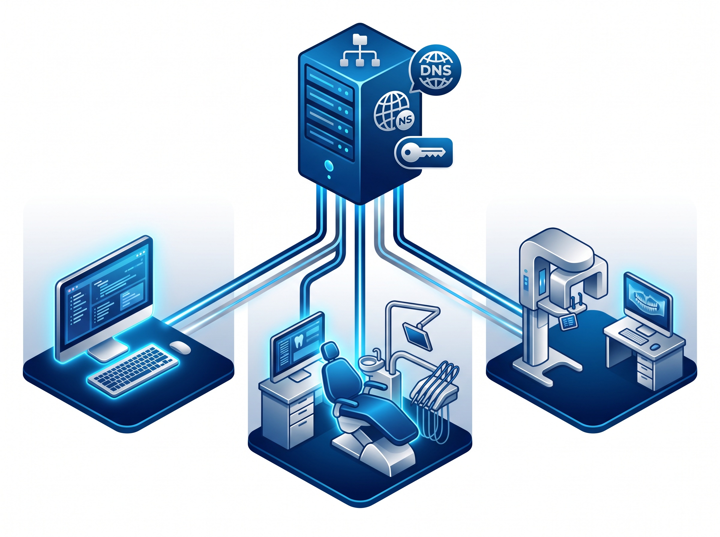 A central server providing login, directory and DNS to reception, operatory and imaging computers in a dental office