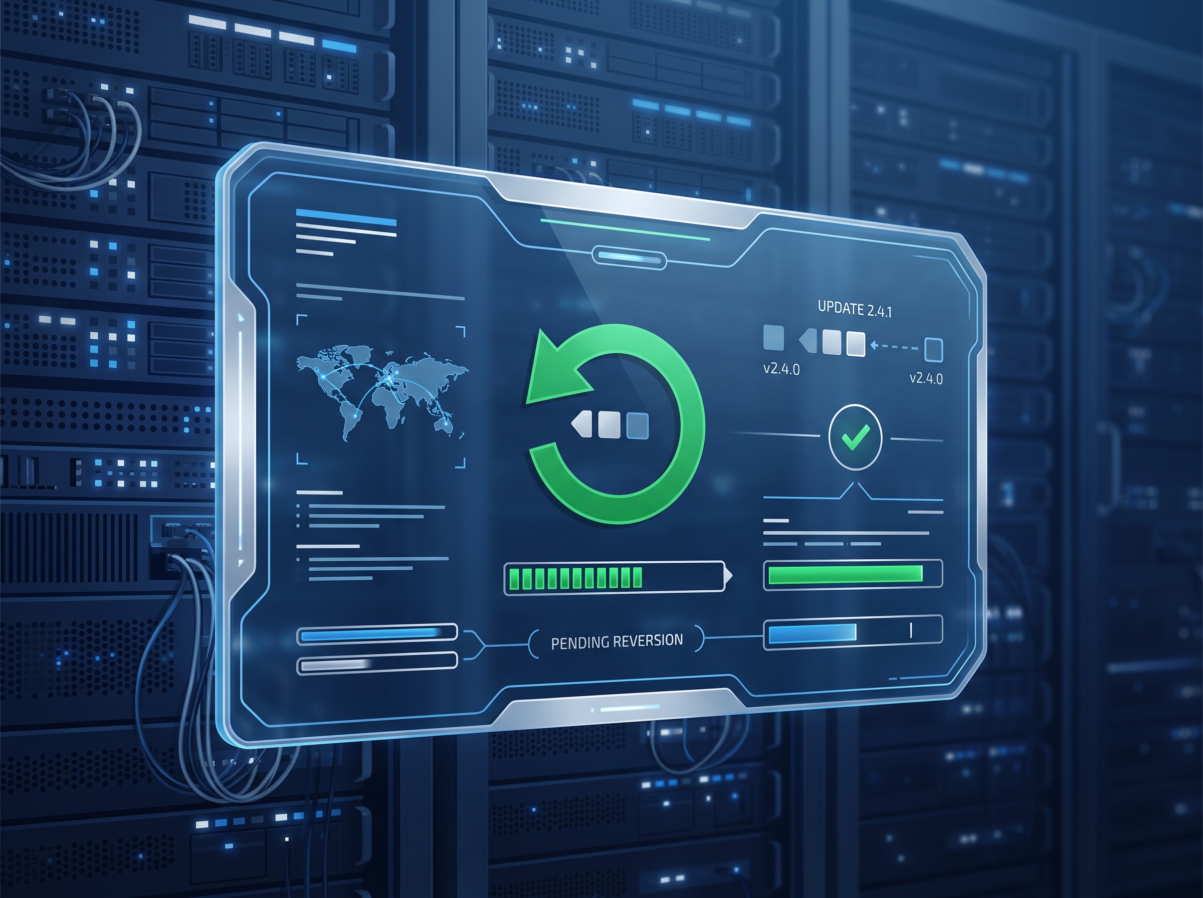 An abstract recovery console in front of a server with a green rollback arrow reverting a pending update