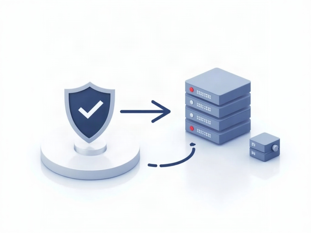An update tested on a staging server with a checkmark before reaching the production server, beside a backup vault