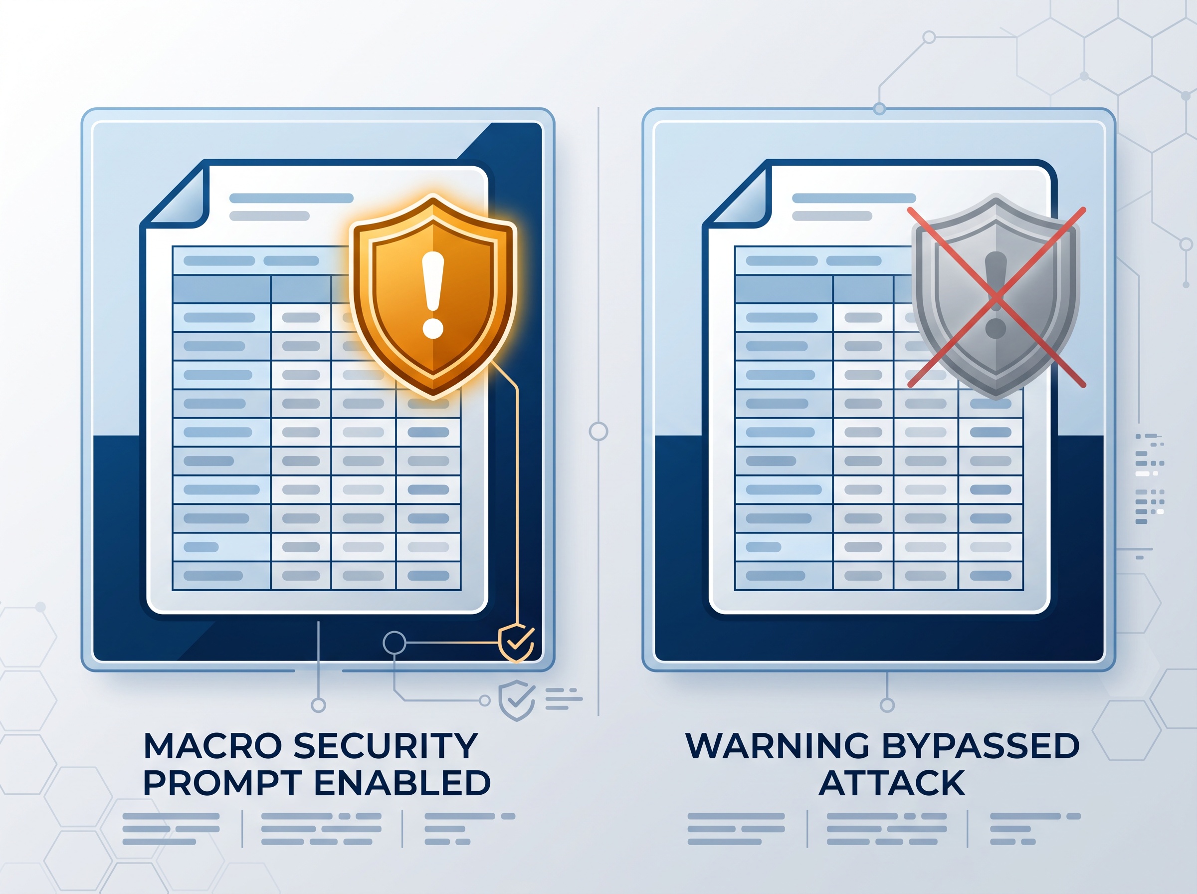 Two spreadsheets compared: one shows a macro warning, the other has the warning removed