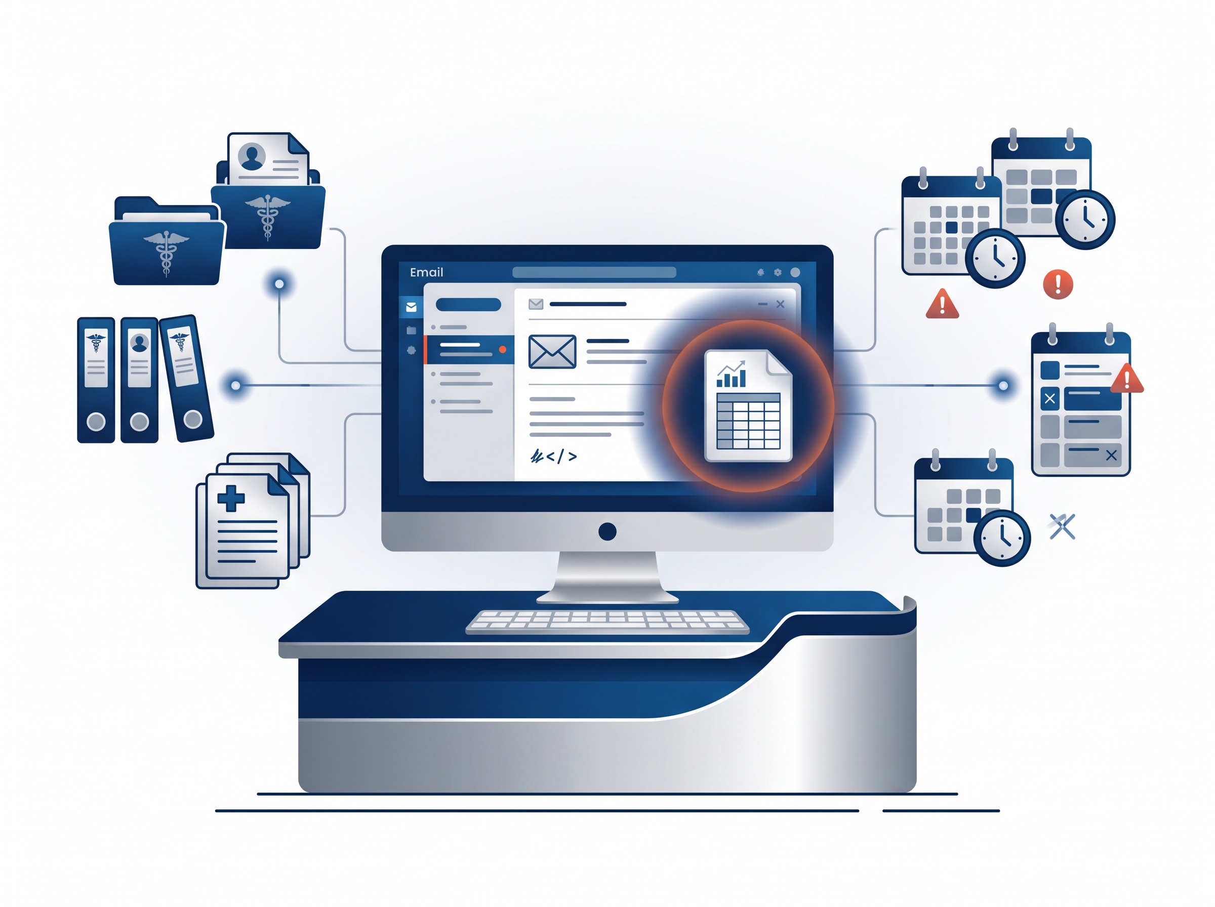 A front-desk computer opening an emailed spreadsheet attachment near icons representing patient records at risk