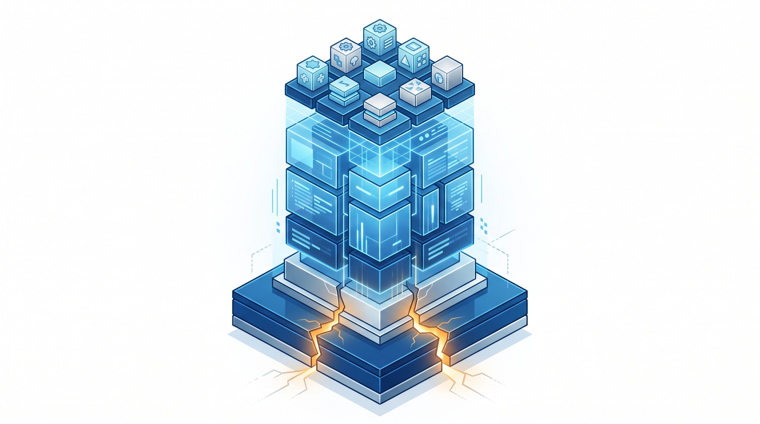 A layered blue web-server stack with intact top blocks but a bright amber crack splitting the foundation slab at the bottom