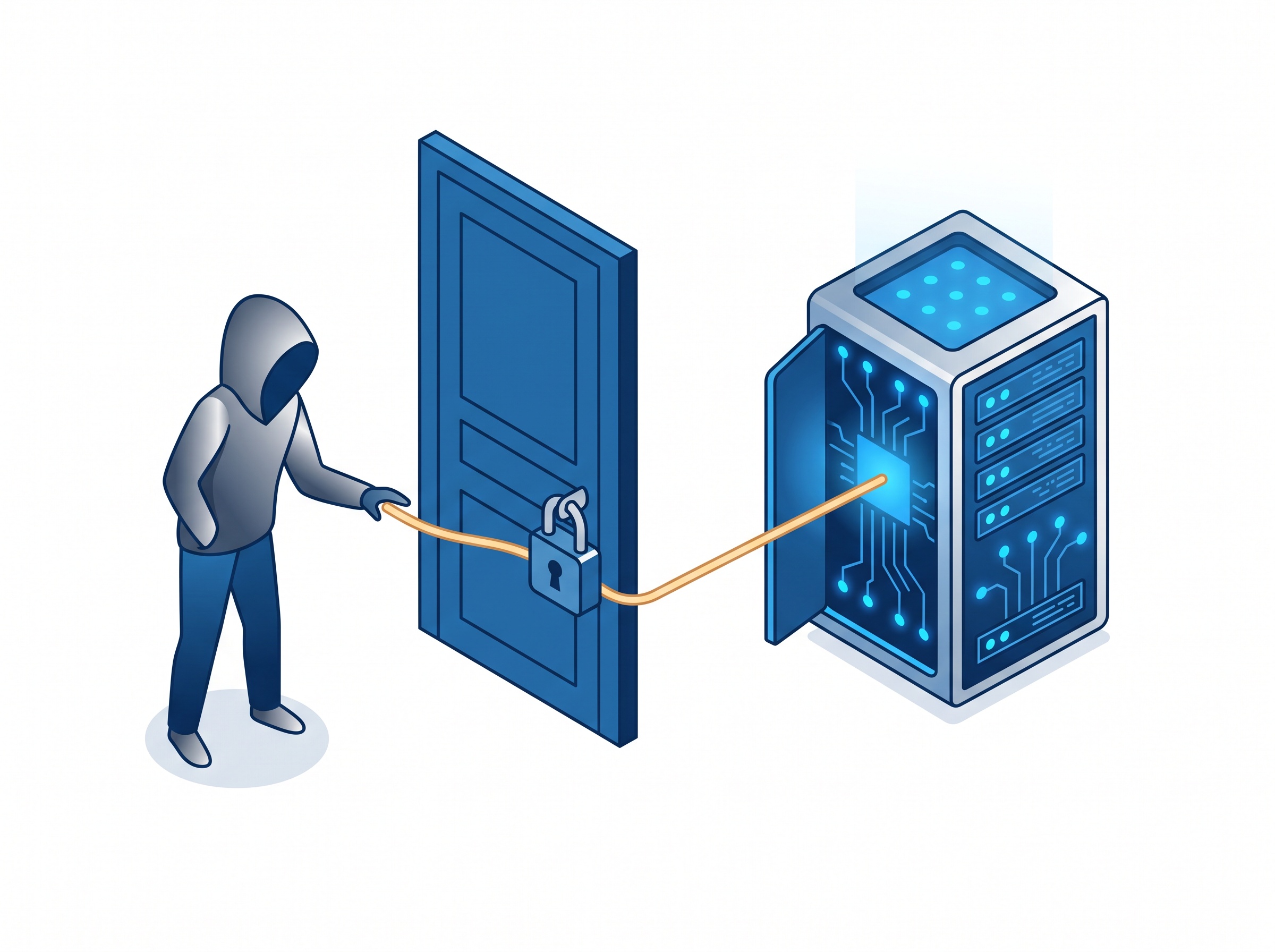 A locked door bypassed as a thread of amber light flows past it directly into a blue server through a side channel