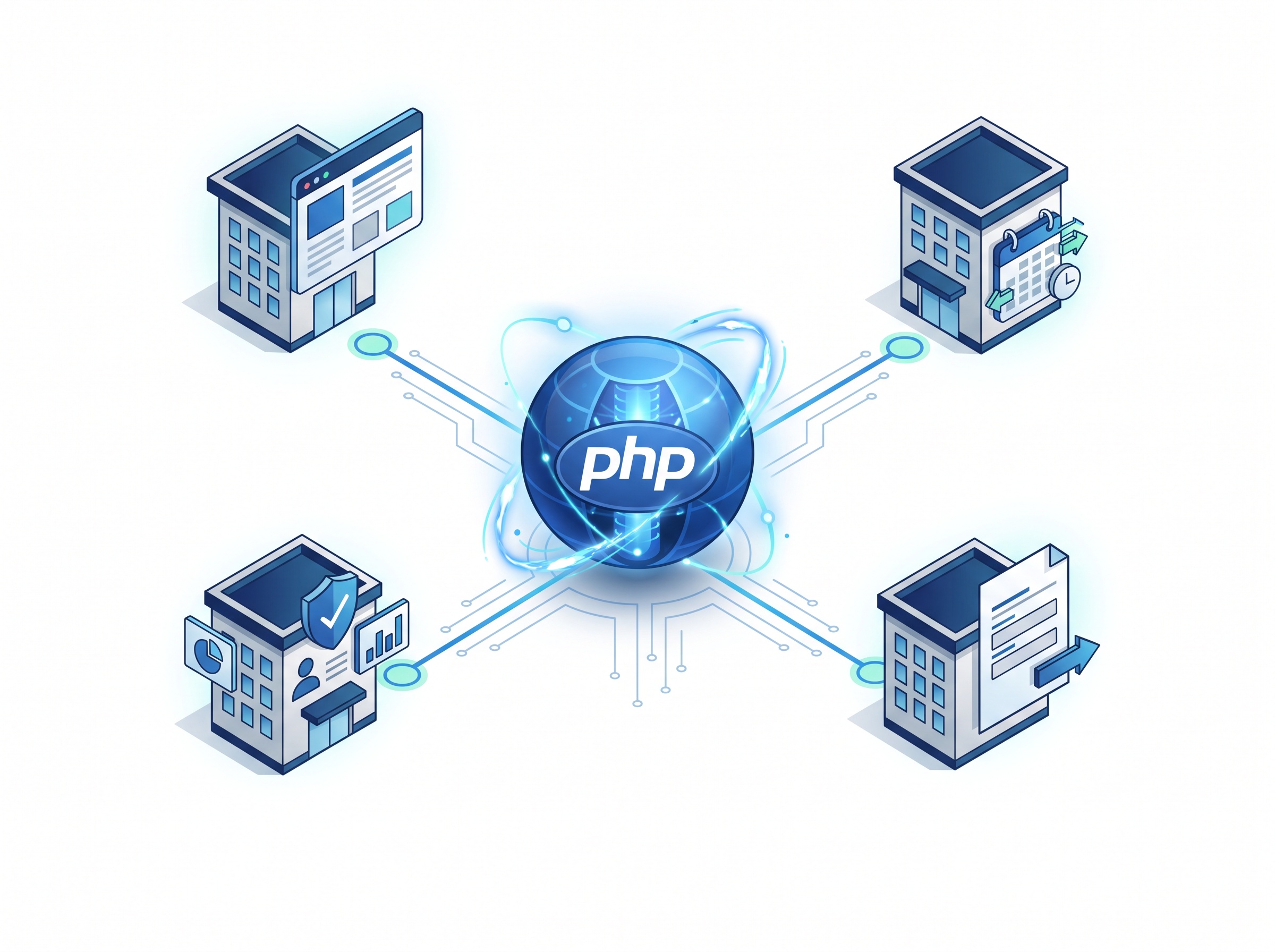 A central PHP engine connected to a website, booking tool, patient portal and form icons, all powered by the same component