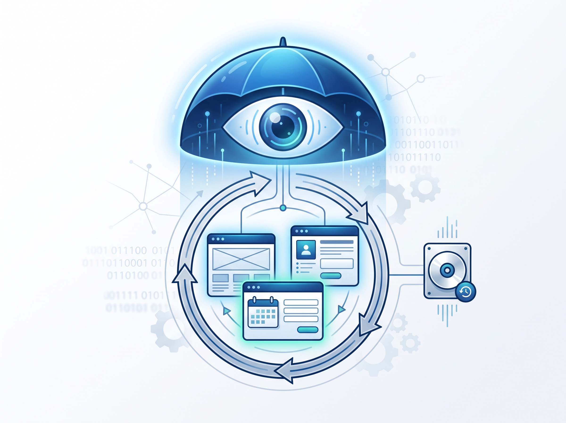 A monitoring eye over a cluster of web-service icons with a steady update arrow and a clean backup disk