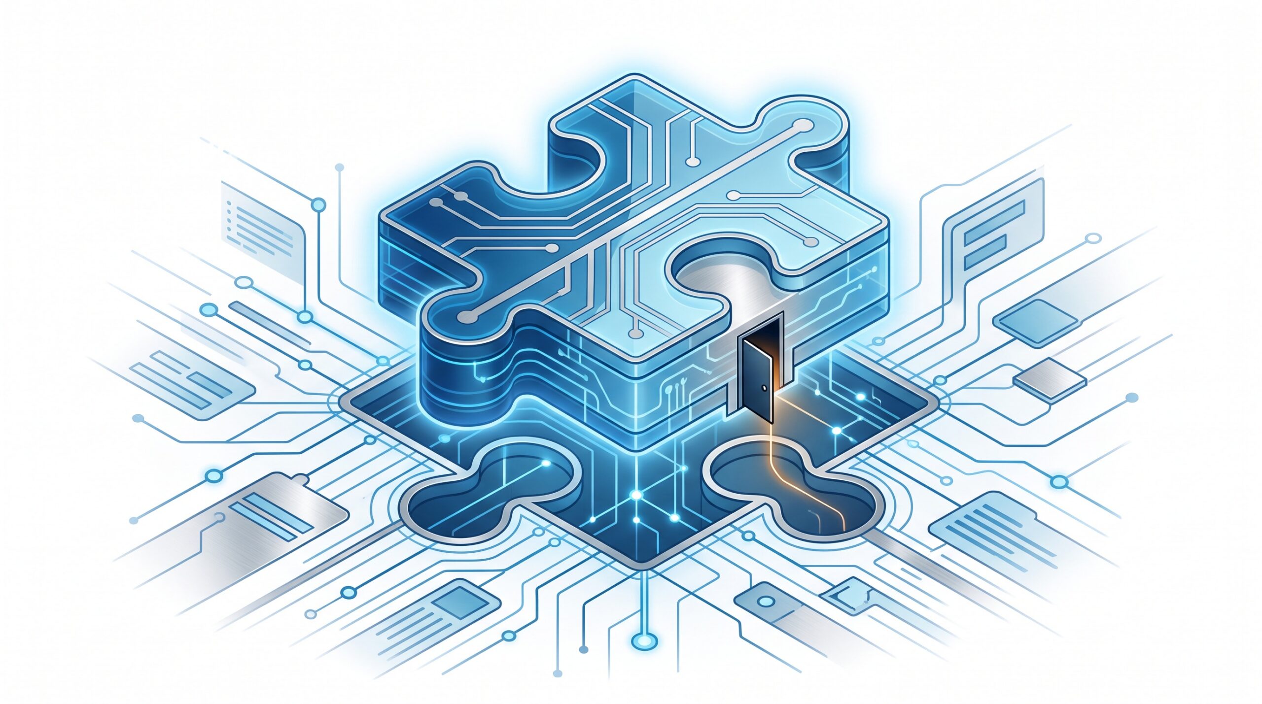 A glowing blue plugin puzzle piece slotting into a website, with a hidden dark doorway leaking amber light on its underside