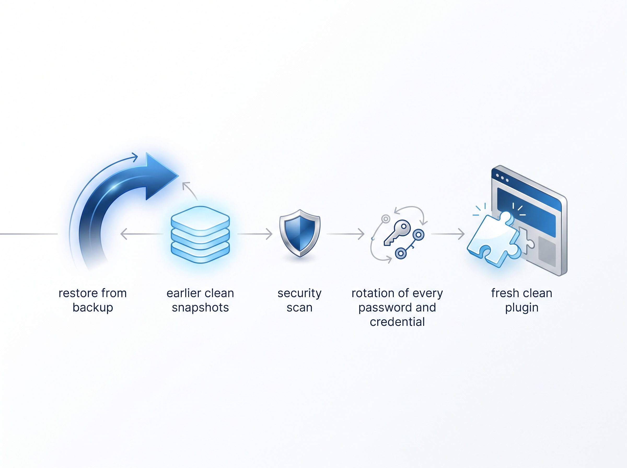 A restore-from-backup arrow rolling a website to a clean snapshot, with scan, key-rotation and clean-plugin icons in sequence