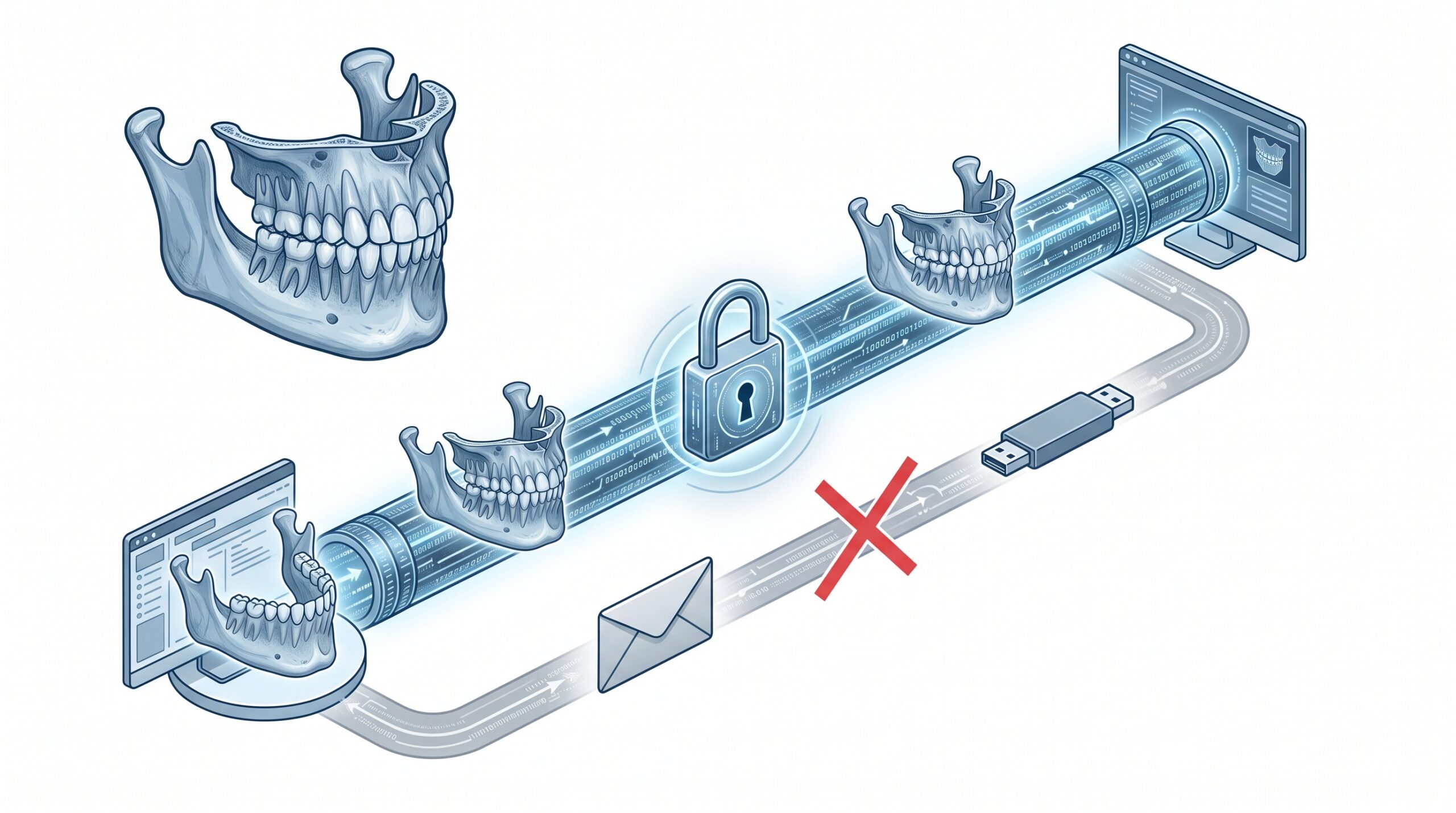 A 3D dental CBCT scan moving through a locked, encrypted channel to a specialist, with an email and USB-stick path crossed out beside it