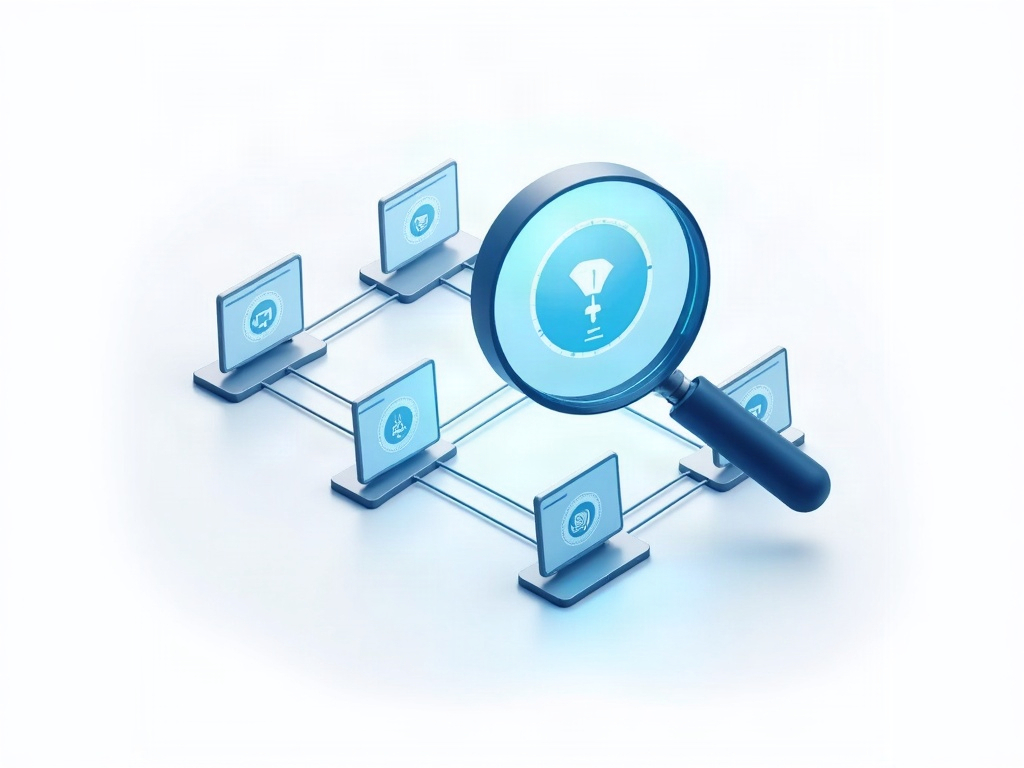 A magnifying glass over office devices revealing previously hidden AI tool icons, representing discovery of shadow AI