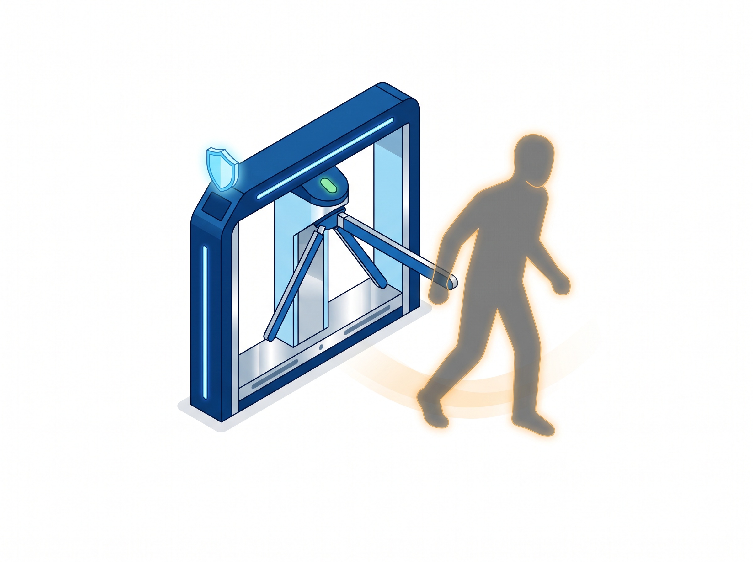 A blue security gate marked with a shield icon shows a green light while a grey shadowy form slips around its side