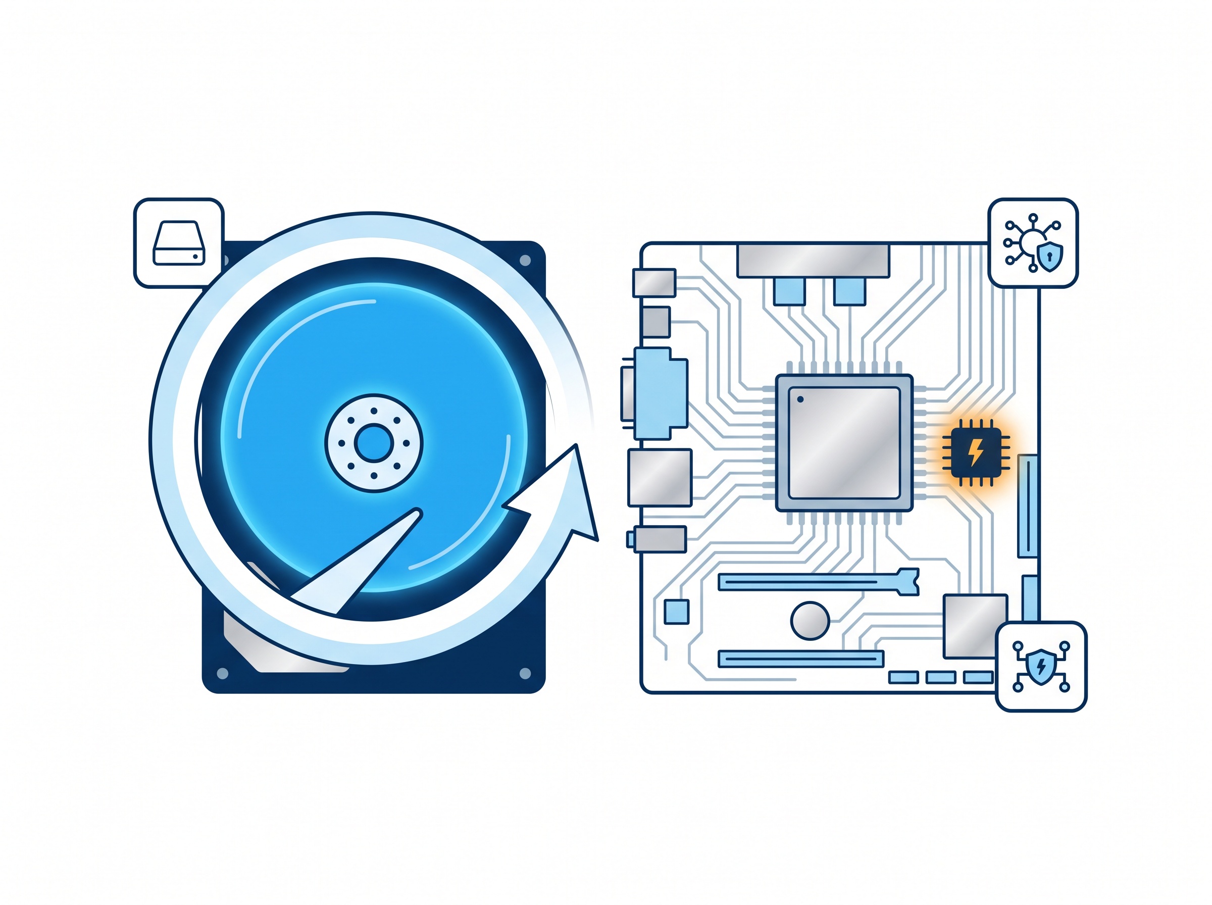 A freshly wiped blue hard disk beside a motherboard chip that still carries a small glowing amber infection mark