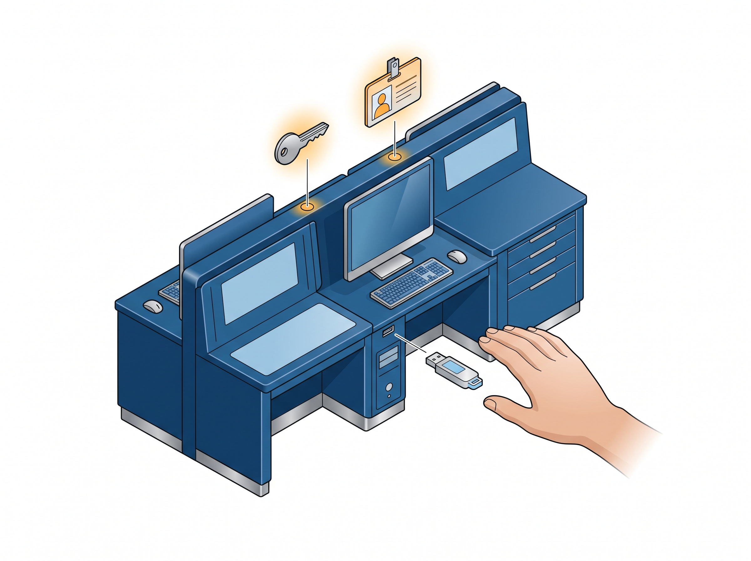 A blue practice workstation with an admin-key icon and a hand with a USB token approaching it physically
