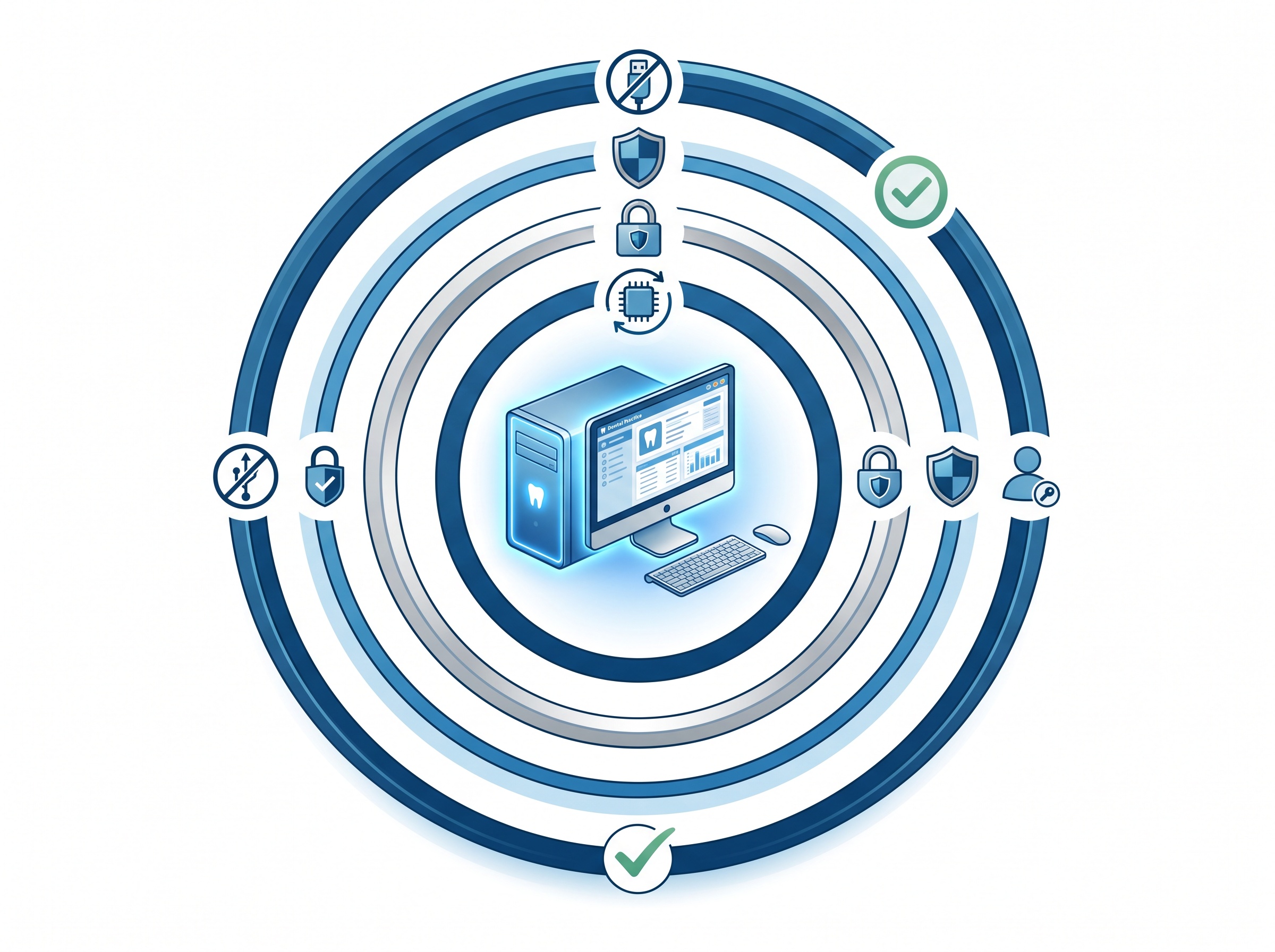 A blue practice computer ringed by concentric defense layers shown as firmware-update, disk-lock, shield, limited-user and blocked-USB icons