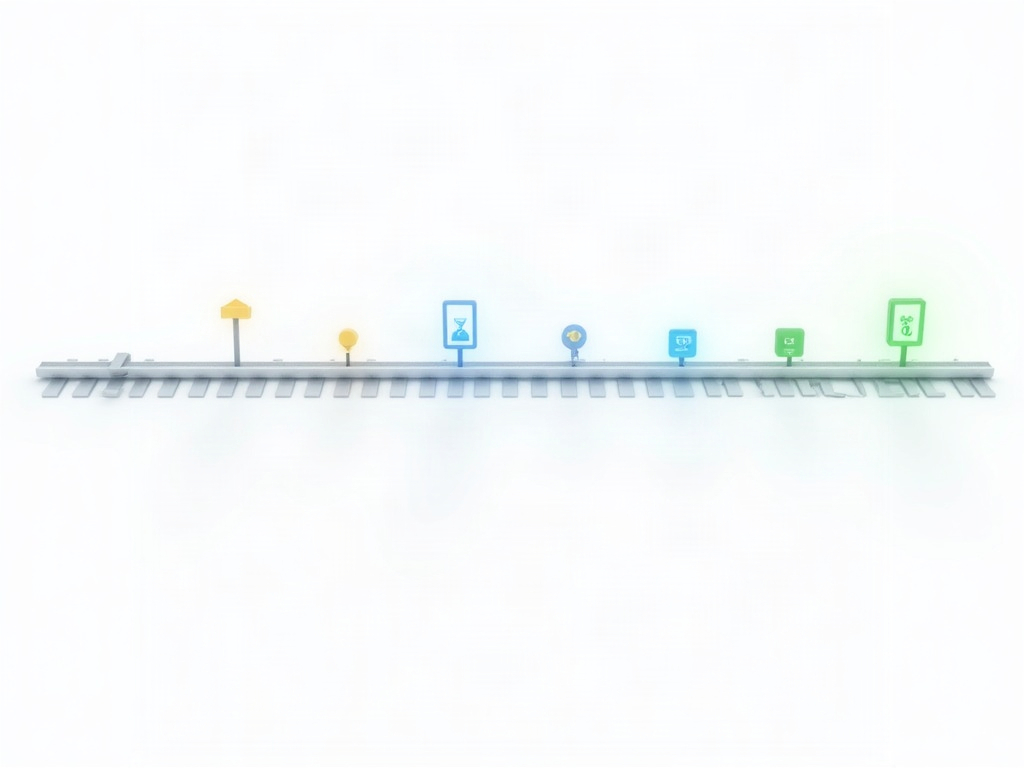 A silver timeline rail with early markers closed off, a middle marker lit with an hourglass beside it, and later markers glowing green