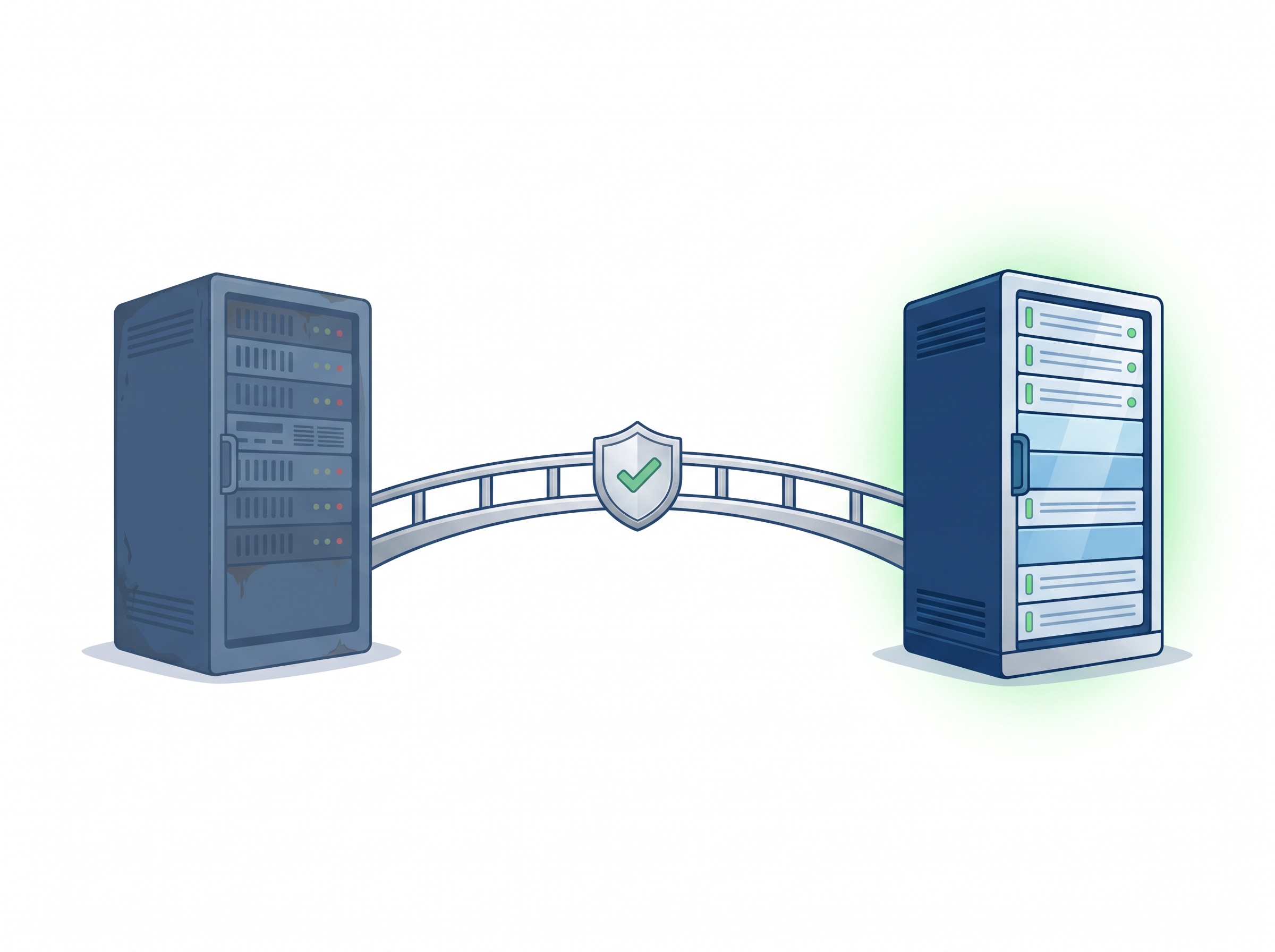 A silver bridge carrying data from an old dimmed server to a bright new server, with a shield and checkmark midway